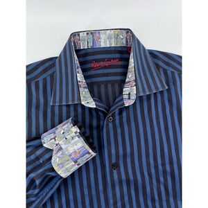 Robert Graham Flip Cuff Button Up Mens Medium / Large Blue Black Striped Shirt